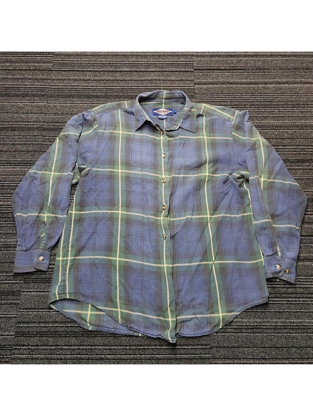 Vintage Ruff Hewn Plaid Button Up Shirt Womens Large Blue Green Cotton